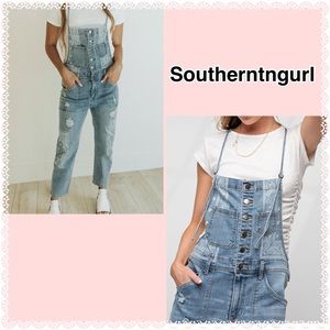 NWT EASEL Button Front Distressed Bandana Print Washed Denim Overalls Jeans